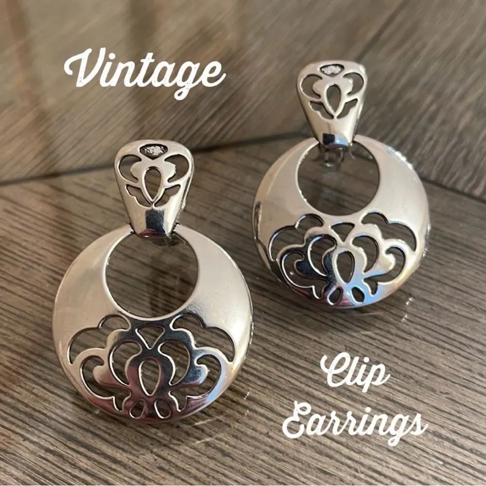 Vintage Silver-tone Door Knocker Clip Earrings, Floral Design